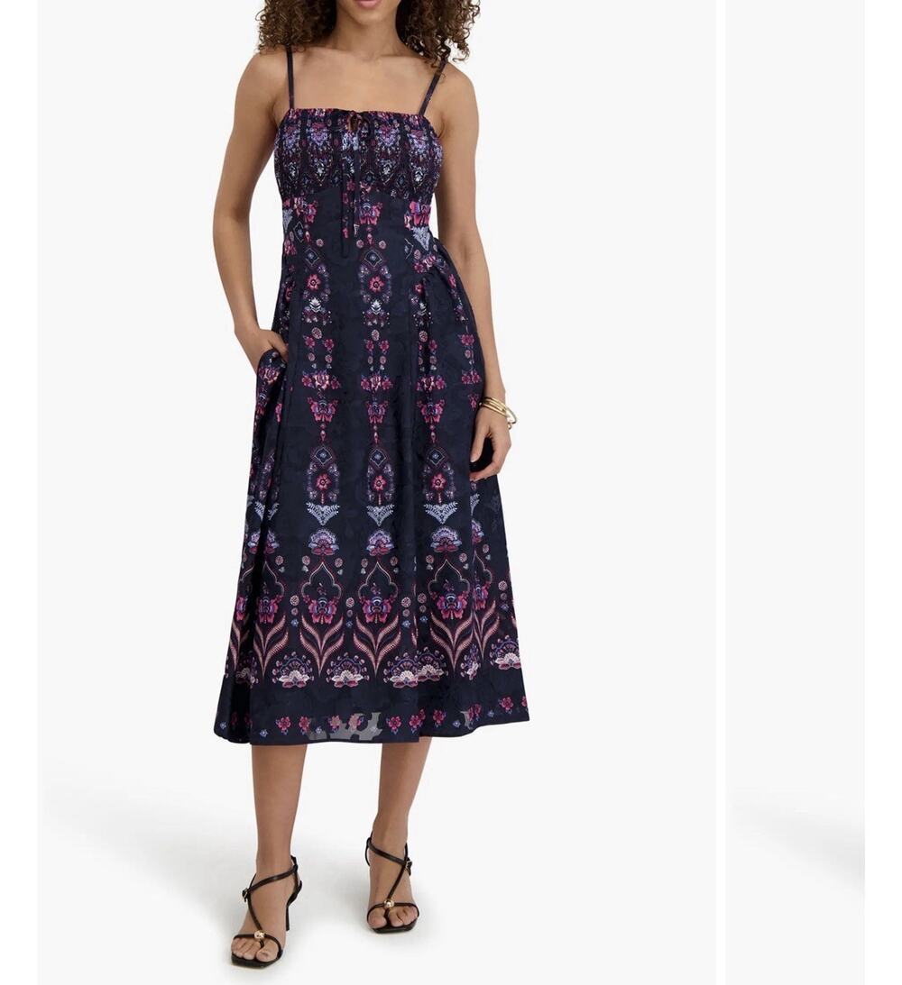 Kensie Navy Blue Square Neck Chiffon Midi Print Dress. Size 6